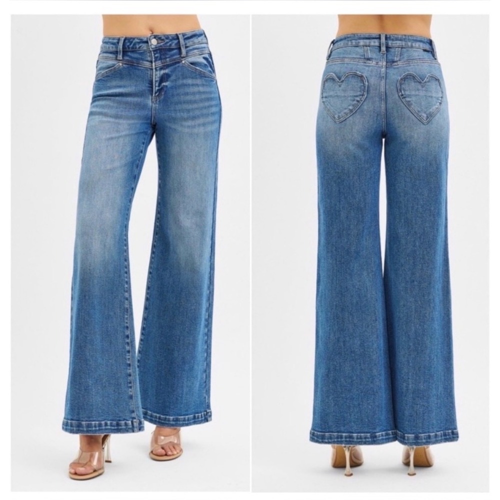 Risen Jeans Heart Pocket Wide Leg High Rise Blue Denim PW21353 Womens 11/30